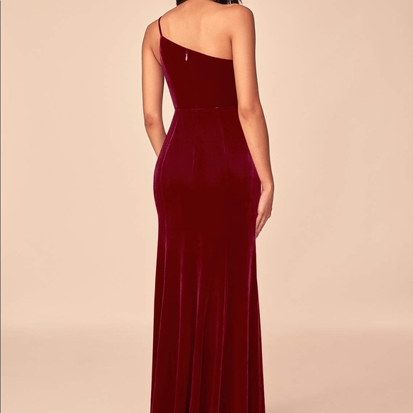 Azazie A-line One Shoulder Velvet Floor Length Dress Burgundy - Picture 2 of 4